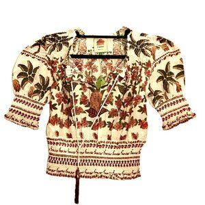 Farm Rio Crop Floral Top Wm Sz S Smock Waist Short Puff Sleeve Tie Neck NWT